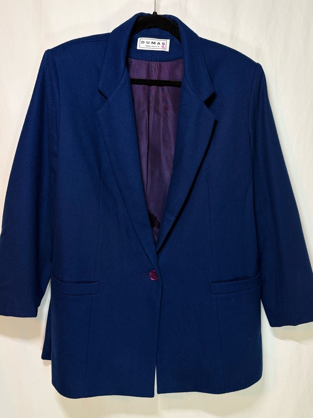 Vintage Dumas Navy 100% Wool Blazer Made in USA Purple Buttons M/L